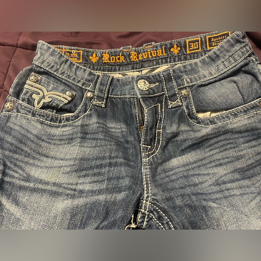 Rock Revival Dark Blue Denim with White Stitching Spencer Cut